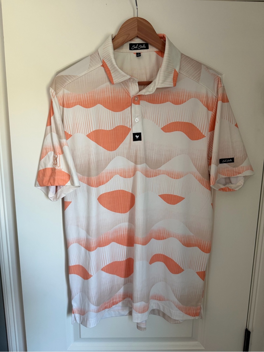 Bad Birdie Men’s Short Sleeve Polo — Coral/White Wave Print